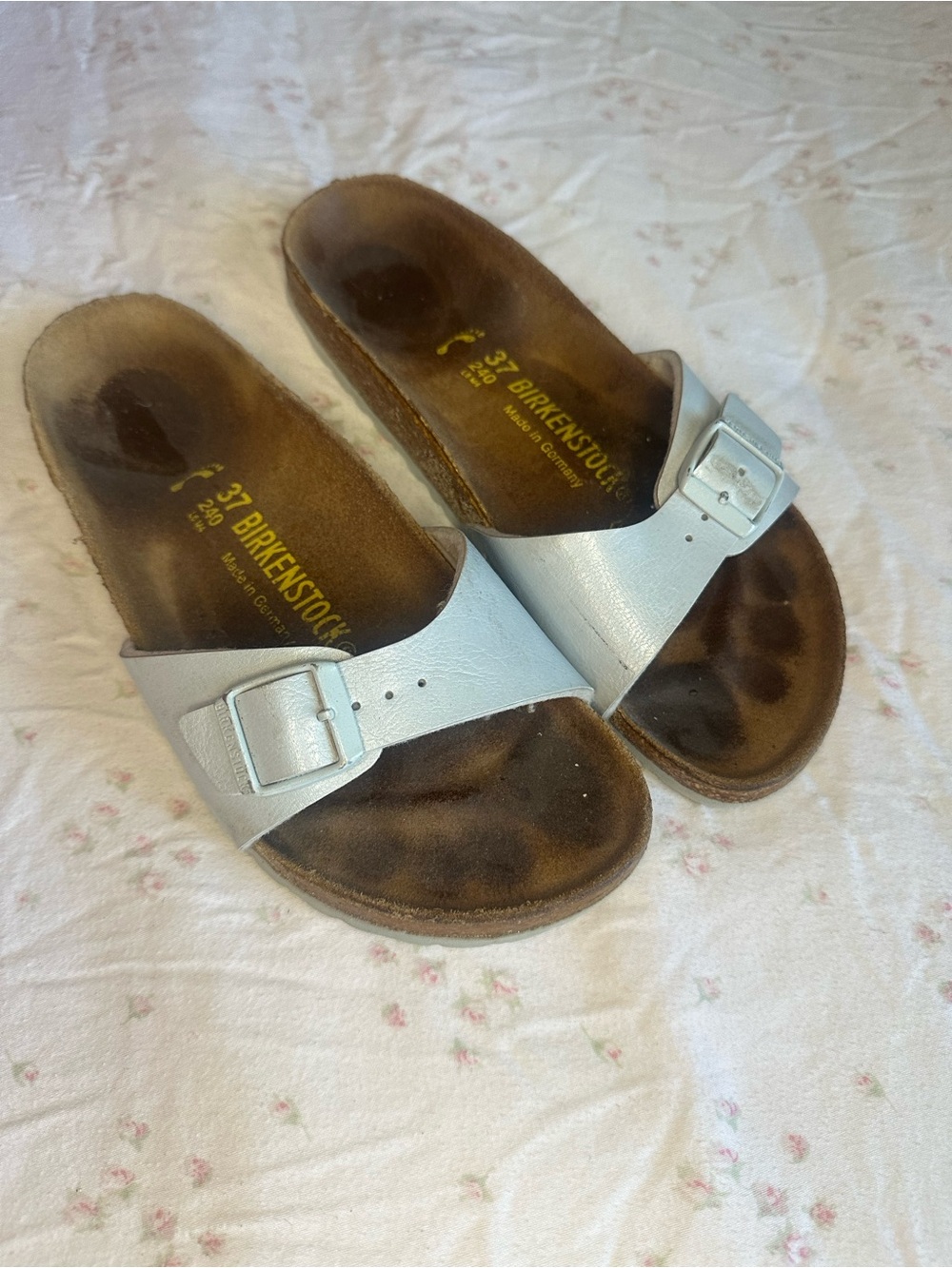 Birkenstock Women's Silver Leather Single Strap Slide Sandals